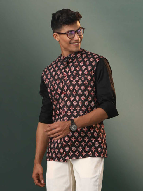 Vastramay Men's Black Floral Printed Cotton Nehru Jacket